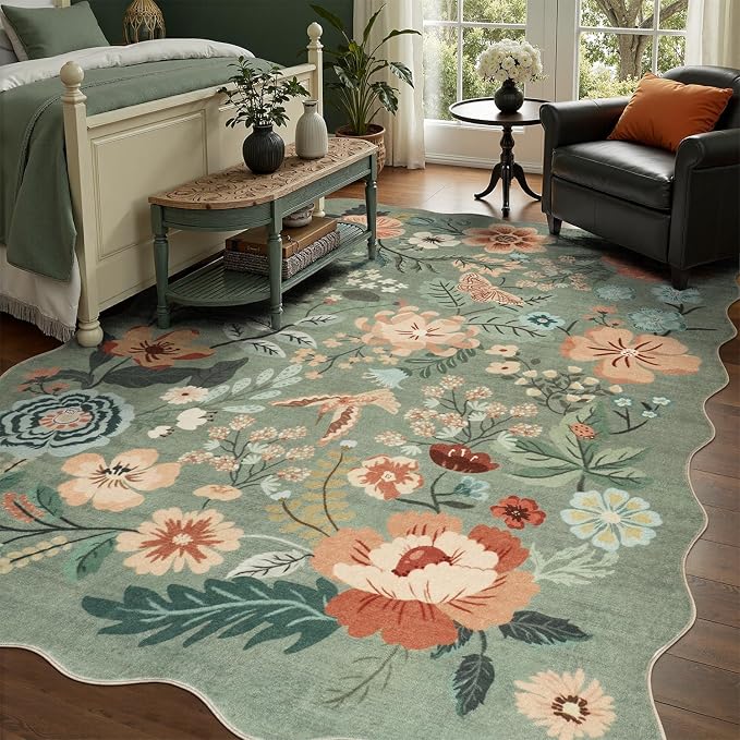 DCX Vintage Floral Rug 8x10, Washable Sage Green Rug for Living Room, Kid & Pet Friendly with Rubber Back Non Slip, Soft Low Pile Carpet, Stain Resistant Rug for Bedroom, Nursery, Dining Room