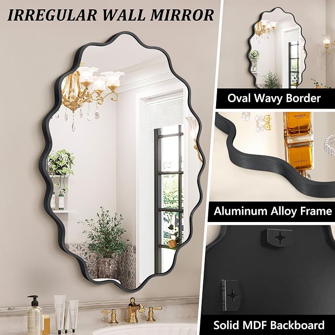 Oval Wavy Wall Mirror -Irregular Wall Mirror with Black Asymmetrical Aluminum Alloy Frame,22"x30" Decorative Wall Mirrors for Bathroom, Bedroom, Living Room, Dining Room，Entryway