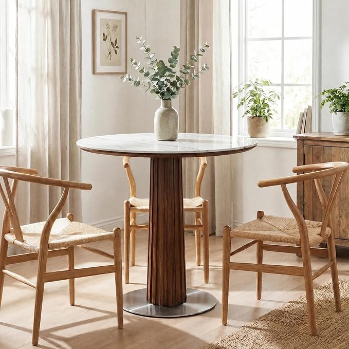 Round Dining Table, 31.5" Solid Wood Dinner Table with Thickened Top & Steel Pedestal, Mid Century Modern Bistro Table for Kitchen, Small Space, Living Room, Cafe, White & Walnut -Style B