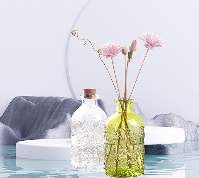 2Pcs Clear Glass Reed Diffuser Bottles with Cork Lid,Apothecary Diffuser Decorative Bottles,Small Flower Bud Vase,Aromatherapy Container for DIY Replacement Diffuser,Reed Sticks,Crafts Decor