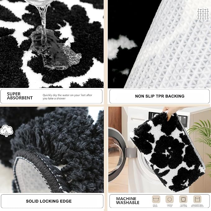 Civkor Black and White Bathroom Rug, Tufted Flower Bath Mat for Bathroom with Non Slip TPR Backing, Quick Dry Microfiber Surface, Soft and Super Water Absorbent Bath Rug, 24x16Inch