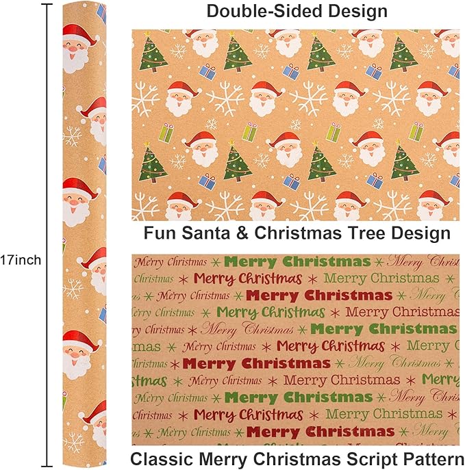Yarcony Kraft Christmas Wrapping Paper Roll, Reversible Santa Wrapping Paper, Cute Santa, Tree & Merry Christmas Letterings Pattern Thick Holiday Gift Wrap for Winter Celebrations (17 Inch X 33 Feet)