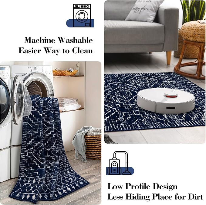 Wonnitar Moroccan 8x10 Rug Living Room Area Rugs, Washable Blue Bedroom Rug, Non-Slip Large Soft Non-Shedding Ultra-Thin Farmhouse Boho Throw Carpet for Dining Table Office Mudroom (Blue,8'x10')