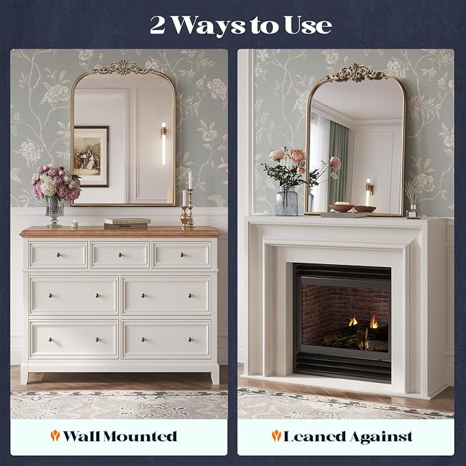 Gold Vintage Mirror, 24” x 36” Arched Gold Antique Mirror for Fireplace Mantel, Baroque Brass Bathroom Mirrors for Wall with Ornate Metal Frame for Entryway, Bedroom, Living Room