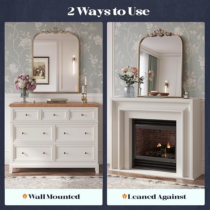 Gold Vintage Mirror, 24” x 40” Arched Ornate Baroque Mirror for Fireplace Mantel, Antique Brass Bathroom Mirrors for Wall with Metal Frame for Entryway, Bedroom, Living Room
