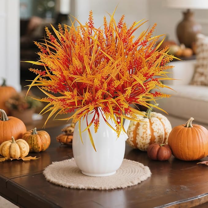Ouddy Decor 24 Bundles Artificial Fall Flowers for Decorations, Fake Mums Faux Lavender Monkey Grass Plastic Plants UV Resistant for Garden Porch Farmhouse Autumn Harvest Thanksgiving Decor, Orange
