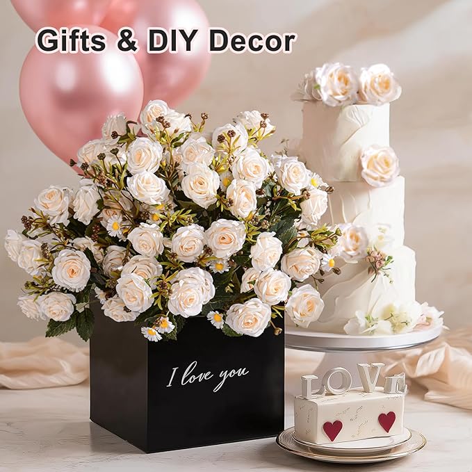 Artificial Rose Flowers for Outdoor 4 Bundles Rose Bouquet with Daisy Faux Flowers UV Resistant for Home Indoor Outside Garden Porch Window Box Balcony Yard Porch Fall Decor (White)