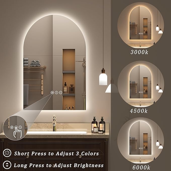 Backlit Arched LED Bathroom Mirror 40x30 Inch, Dimmable Arched LED Vanity Mirror with Lights, Anti-Fog, 3 Colors, Memory, ETL Listed
