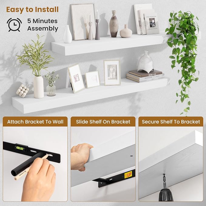 Fun Memories 40 Inch Floating Shelves, Long Wood Wall Shelf Set of 2 with Invisible Brackets, for Bathroom, Living Room, Bedroom, Kitchen, White