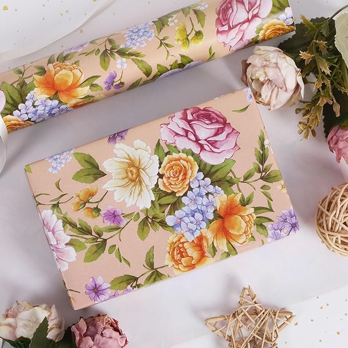 RayofSun Floral Wrapping Paper Roll Roll 17 in x 16.5 ft Mini Roll Pink Peonies Yellow Roses Blooms Gift Wrap Paper for All Occasion Wedding Birthday Bridal Shower Party Wrapping Supplies