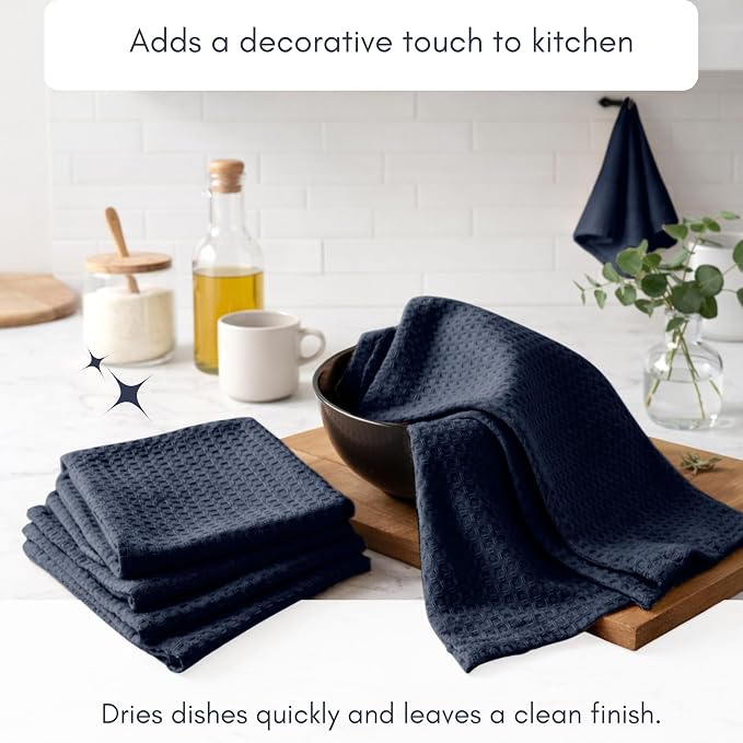 TWINY threads 100% Cotton Kitchen Towels (Set of 12) - Ultra Absorbent Waffle Weave Dish Towels with Hanging Loop - Quick Dry, Tea & Bar Towels for Cooking, Quick Drying - 16x26 Inch, Navy Blue