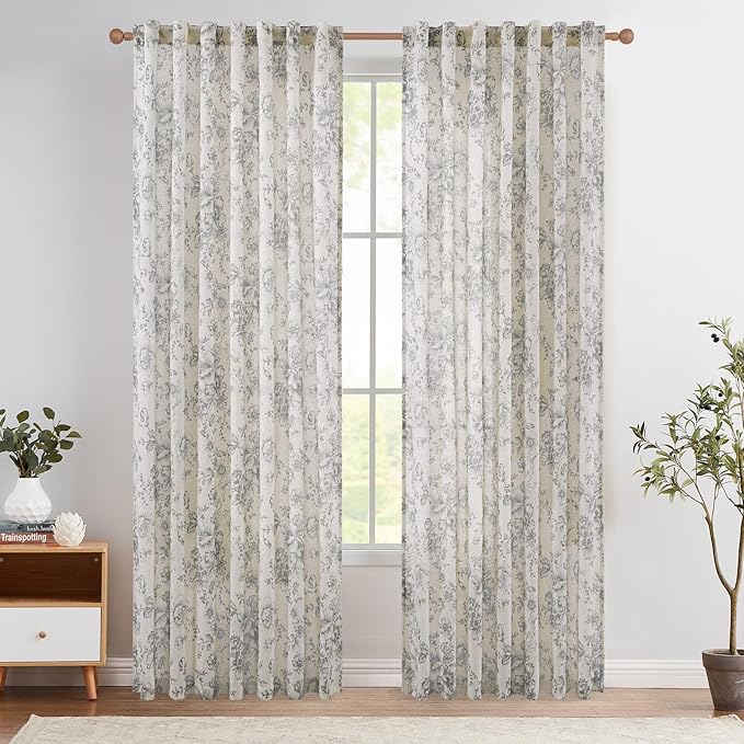 jinchan Linen Blend Curtain Floral Curtains for Living Room 90 Inch Length Grey Printed Curtain Rod Pocket Back Tab Farmhouse Peony Flower Patterned Drapes Bedroom Window Curtains Set 2 Panels