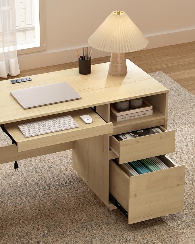 Farmhouse Executive Desk with File Drawer 59" Large Computer Desk Home Office Desk with Charging Station, Keyboard Tray, Storage Cabinet Modern Workspace for Study, Writing, Light Oak