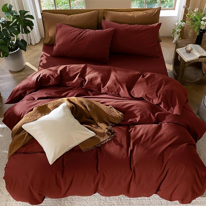 MooMee Bedding Duvet Cover Set 100% Washed Cotton Linen Like Textured Breathable Durable Soft Comfy (Solid Fired Brick Red, Oversized Queen 98"x98")