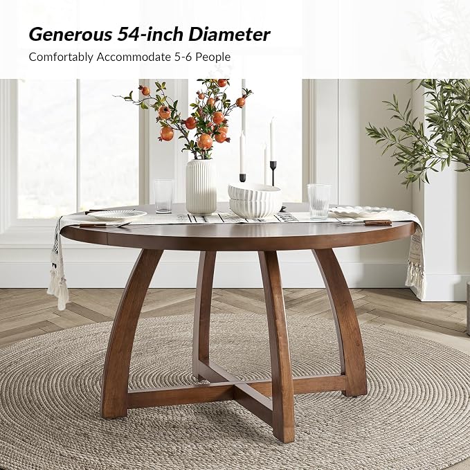 HULALA HOME 54 inch Round Dining Table for 6 People，Rustic Farmhouse Solid Wood Circle Dinner Tables for Small Spaces Dining Room Living Room Kitchen, Walnut