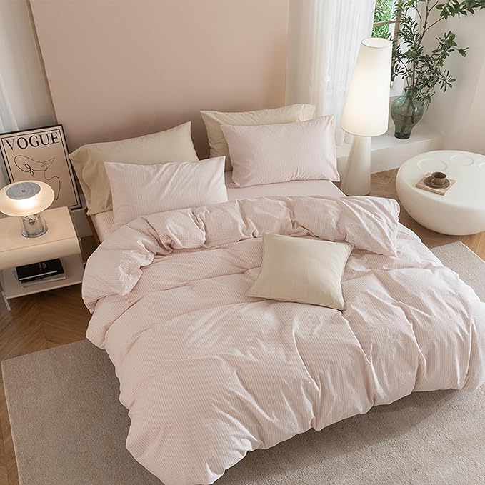 JIYUAN 100% Washed Cotton Striped Duvet Cover Set 3 Pieces Queen, 1 Duvet Cover and 2 Pillowcases(Comforter Not Included),Linen Like Comfy and Breathable,Pinstripes-Heathered Greyish Pink White