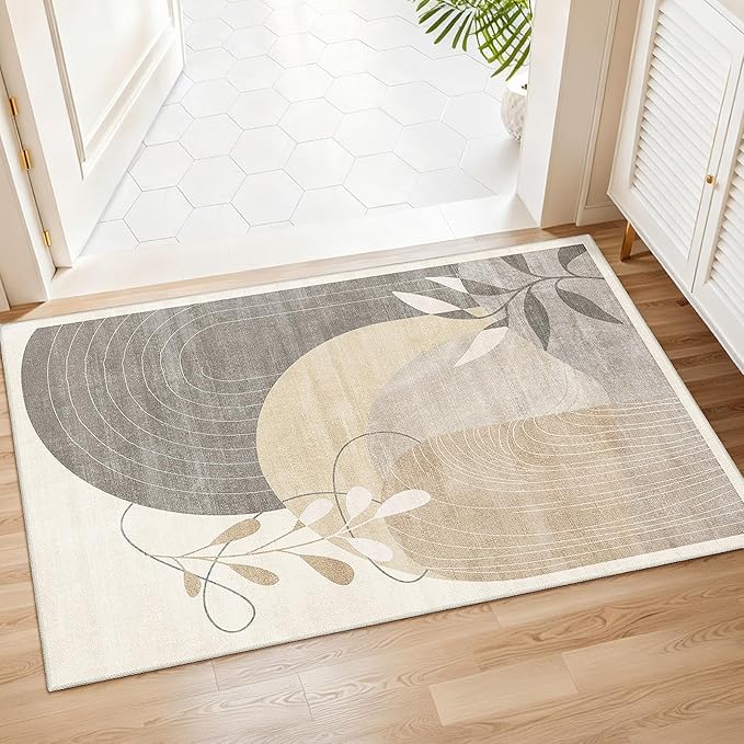 MUJOO 2x3 Washable Rug Small Area Rugs for Entryway Kitchen Bedroom,Boho Non Slip Throw Carpet for Bathroom Entrance Door Mat Mid Century Modern Abstract Botanical Geometric Accent Neutral Beige