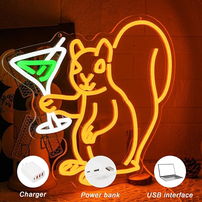 Squirrel Drinking Martini Neon Sign for Wall Decor Cocktail Martini Neon Light Squirrel LED Light Animal Neon Lights for Room Wall Decor Bar Club Neon Light Game Room