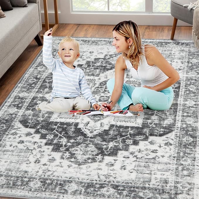 GAOMON 9x12 Vintage Large Area Rug Boho Distressed Rugs Machine Washable Foldable Accent Indoor Carpet Floor Cover Low Pile Print Carpet for Bedroom Living Room Classroom, 9’x12’, Grey