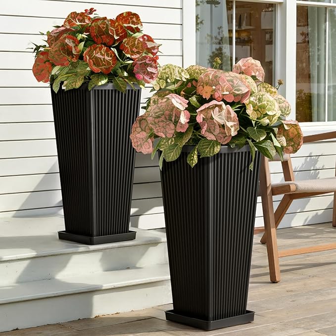 Square Tall Planters for Outdoor Plants Set of 2-23.6" Modern Tapered Indoor Flower Pots with Drainage Holes/Partition/Tray, Large Outdoor Planters for Porch Patio Garden Front Porch, Black