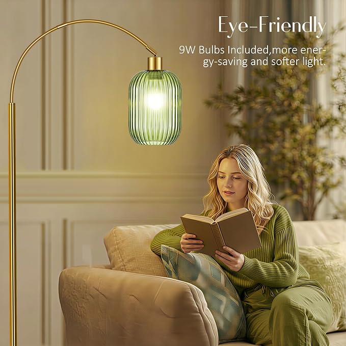 COTTHOS Floor Lamp for Living Room, Modern Gold Lamp with Ribbed Glass Lampshade Marble Base, 68” Glass Tall Lamp with Remote Control and Pedal Switch for Bedroom (6000K LED Bulb Included)