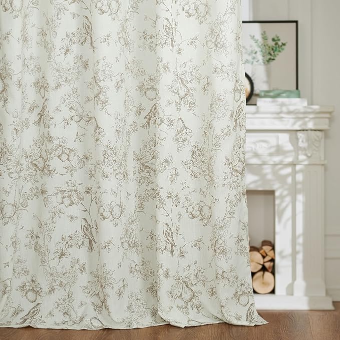 jinchan Linen Floral Curtains for Living Room 63 Inch Length Taupe Printed Flower French Country Curtain Farmhouse Cottage Core Toile Curtains Back Tab Light Filtering Window Drapes Set 2 Panels