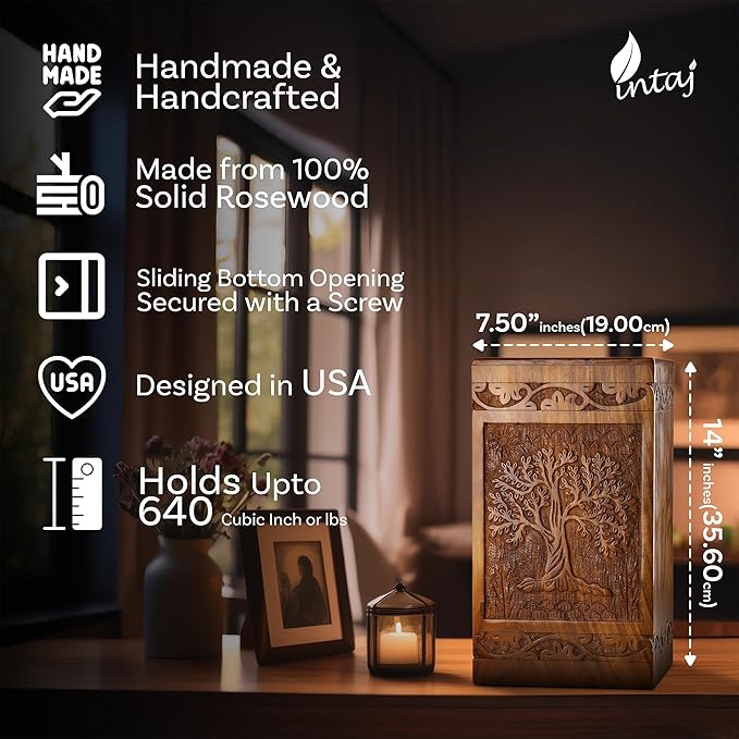 INTAJ Handcarved Wooden Cremation Urn for Human Ashes - Tree of Life Design, 640lbs Capacity, Suitable for Adult Men and Women - Decorative Funeral Urn Box and Casket - Companion Urn Carved Box