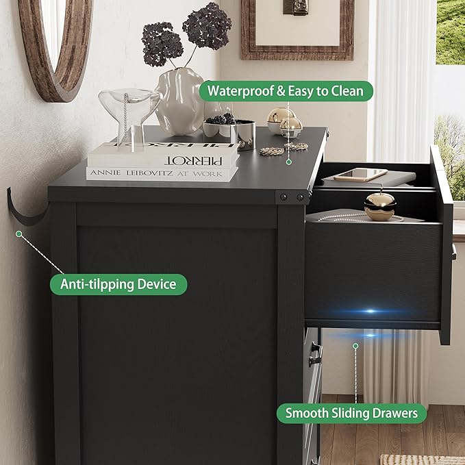 Dresser for Bedroom with 6 Drawers, 49" Tall Wood Chest of Drawers with Deep Drawers & Mental Handle, Modern Dresser TV Stand, Wooden Closet Storage Organizer for Living Room, Hallway, Entryway, Black