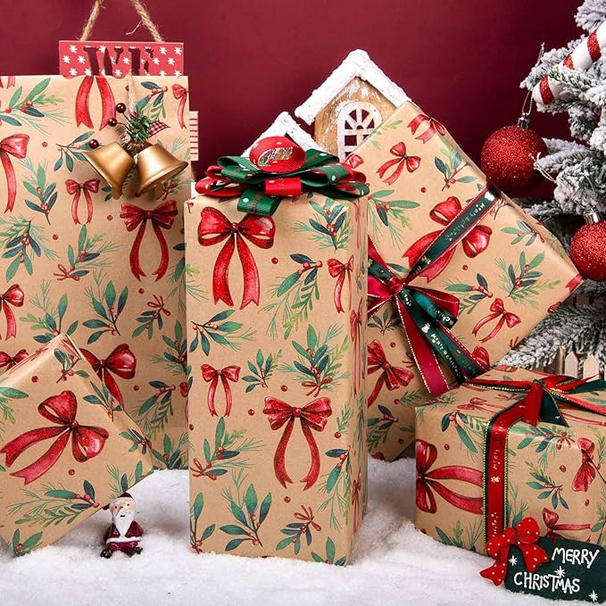 MAYPLUSS Christmas Wrapping Paper Roll - 17IN X 33FT - Kraft Gift Wrapping Paper Featuring Cute Bow Christmas Holly Reversible Cut Lines for Kids, Holiday, New Year