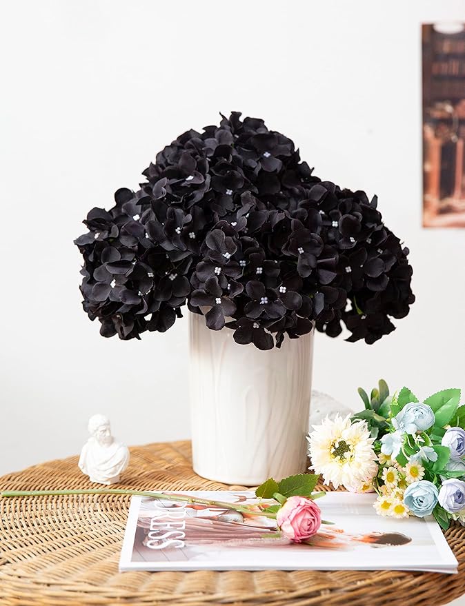 DuHouse 8.7" Artificial Hydrangea Silk Flower Heads with Stem Fake Black Hydrangeas Flowers for DIY Wedding Centerpiece Home Decor Pack of 6 (Black)