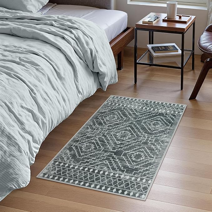 Wonnitar Moroccan Bathroom Rug,Washable 2x3 Small Bath Mat, Boho Tribal Soft Kitchen Sink Mat, Non-Slip Geometric Entry Way Rug, Low-Pile Indoor Carpet for Bedside Entrance Laundry (Dark Grey,2'x3')