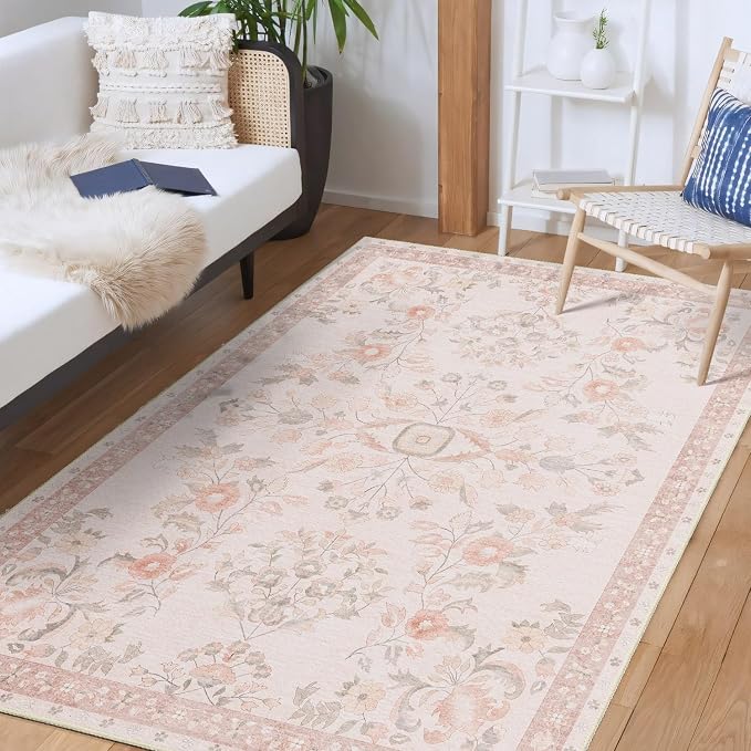 MUJOO 3x5 Rug Washable,Pink Floral Area Rugs for Bedroom Bedside Entryway Living Room Kitchen,Boho Small Indoor Floor Rug Non Slip Throw Carpet Low Pile Vintage