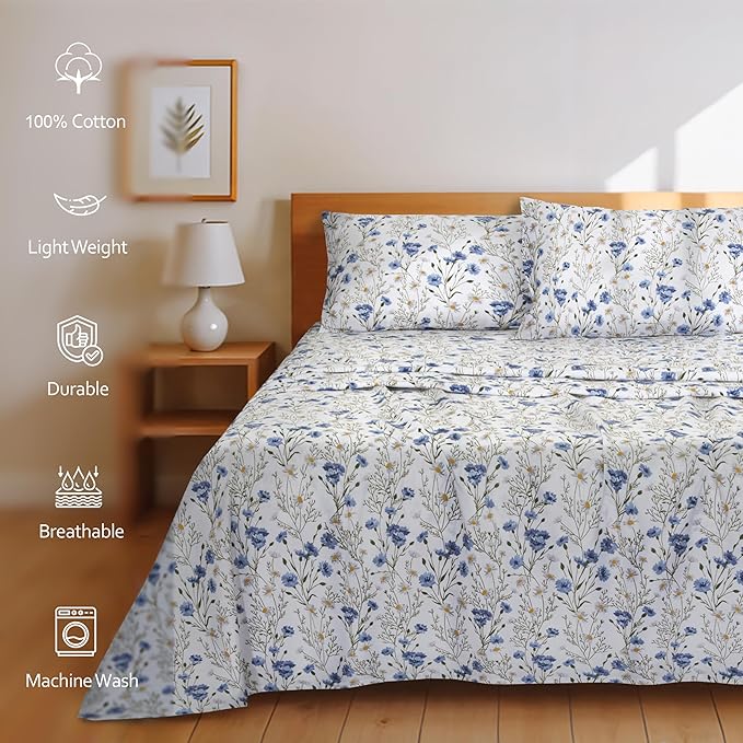 RUVANTI 100% Cotton California King Sheet Sets, 4 Pieces, Soft & Breathable Percale Weave Bedding, Deep Pocket 14", Hotel Standard, Crisp Cool Feel & Durable, Perfect Floral Sheets, Sweet Pea