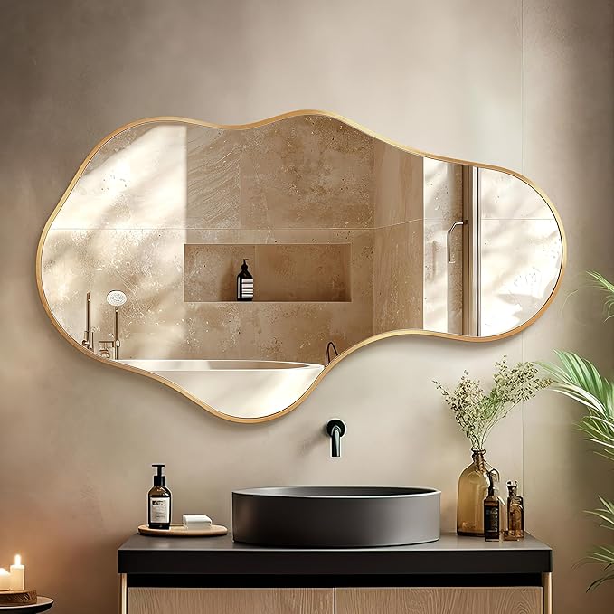 Dorlicecass Mirror Full Length - Wall Mirrors Decorative 26"x 43" Asymmetrical Abstract Aviation Aluminum Alloy Frame Unique for Bathroom, Bedroom, Living Room, Cloakroom, Entryway Gold