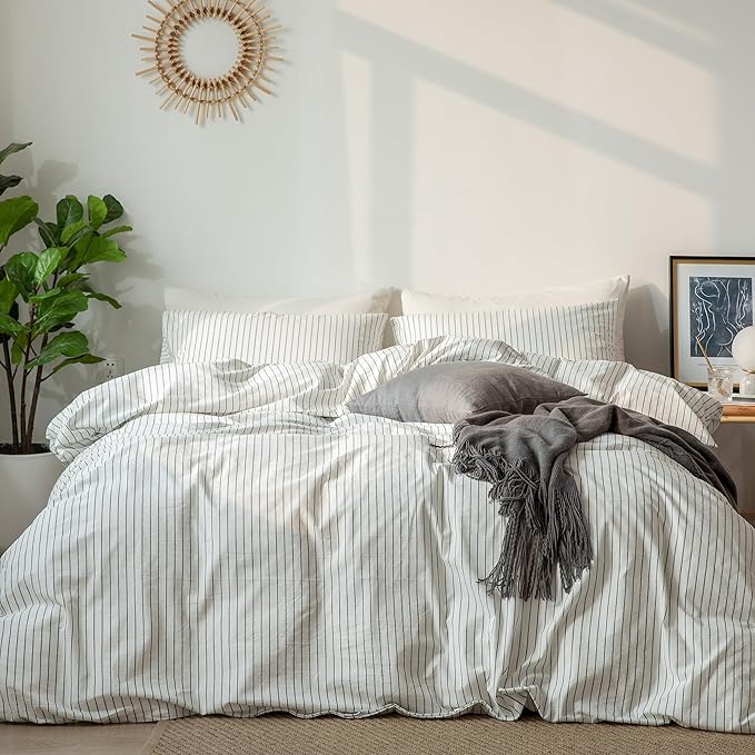 MooMee Striped Duvet Cover Set 100% Washed Cotton Linen Like Textured Breathable Durable Soft Comfy (White Dark Grey Wide Stripes, Oversized Queen 98"x98")