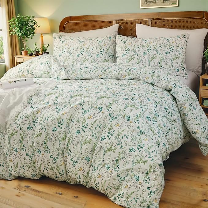 100% Cotton Duvet Cover Sets Queen Size Reversible Green Garden Bedding Sets Duvet Cover Super Soft Comforter Cover with Zipper Closure, Lightweight, Breathable