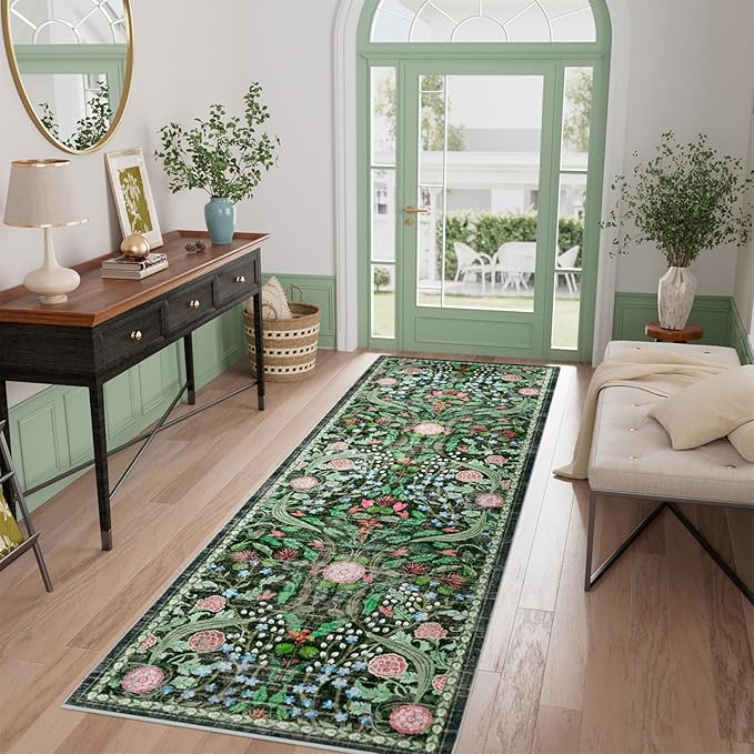 AMTOVO 2x6 Runner Rug for Hallway, Washable Non-Slip Long Kitchen Carpet, Floral Vintage Distressed Floor Mat for Hallways Entryway Living Room Laundry Room Bathroom Farmhouse, Dark Green