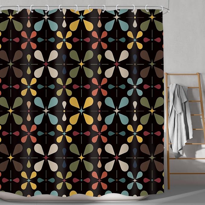 Black Boho Mid Century Shower Curtain Bathroom Set 71Wx71H Inches Colourful Vintage Modern Abstract Retro Chic Geometric Women Men Bath Accessories Bohemian Art Home Decor Fabric 12 Pack Hooks