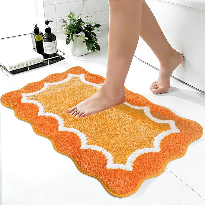 Scalloped Orange Bathroom Rugs Mat,Non Slip Absorbent Quick Dry Bath Mats for Shower Room,Plush Microfiber Bath Rug for Bathroom Floor Washable Carpet for Shower Tub Sink Bedroom,16"x24"