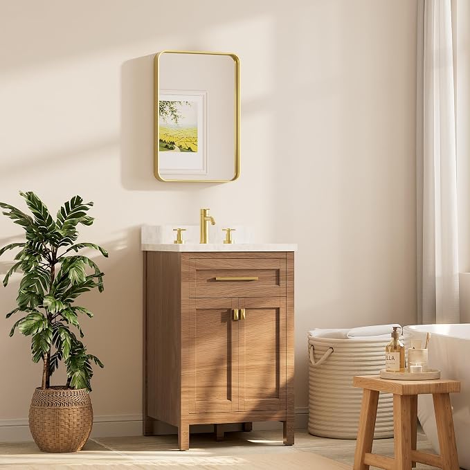 TETOTE 16 x 24 Inch Brushed Gold Frame Mirror, Brass Gold Bathroom Vanity Mirror for Wall, 2 Inch Thick Modern Round Corner Rectangle Framed Mirror (Horizontal/Vertical)