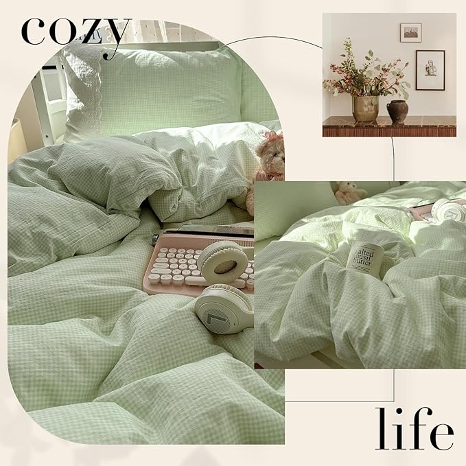 LifeTB Green Gingham Comforter Set Queen Romantic Lace Style Checkered Pattern Comforter Set Farmhouse Green Grid Plaid Bedding Comforter Lightweight Fluffy Soft Gingham Bedding Set Queen Size