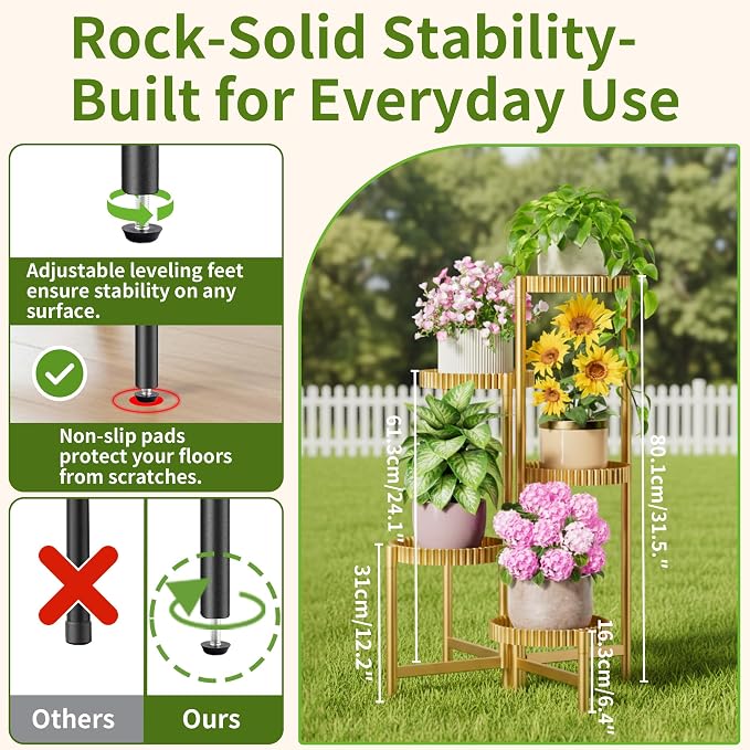 5 Tier Large Plant Stand Indoor, 7.9 Inch Wide Tall Corner Metal Plant Stands Outdoor for Multiple Plants, Foldable Tiered Flower Display Holder Rack Shelf for Patio Porch Balcony -GoldFloroma