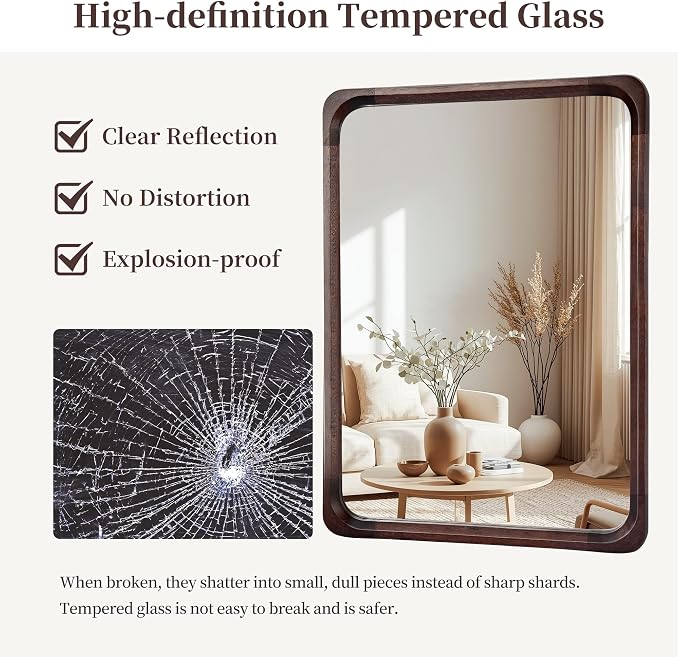 Tanmicoshomy Wood Bathroom Mirror 26 x 40 Inch, Solid Wood Framed Rectangle Mirrors with Tempered Glass for Living Room Bedroom Office or Entryway(Dark Brown)