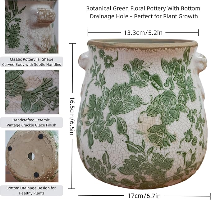 Vintage Ceramic Vase with Green Floral Pattern, White and Green, Crackle Glazed Finish, Decorative Garden Design (Large - Belly Jar with Drainage Hole)