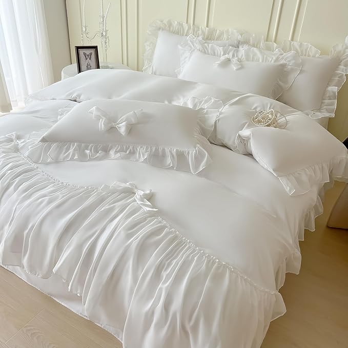 Girls Lace Bedding,Full Comforter Cover Set, Chic Ruffled Duvet Cover with Lovely Bow,Princess Style 1 Duvet Cover with 2 Pillowcases, No Comforter-White,Full Size