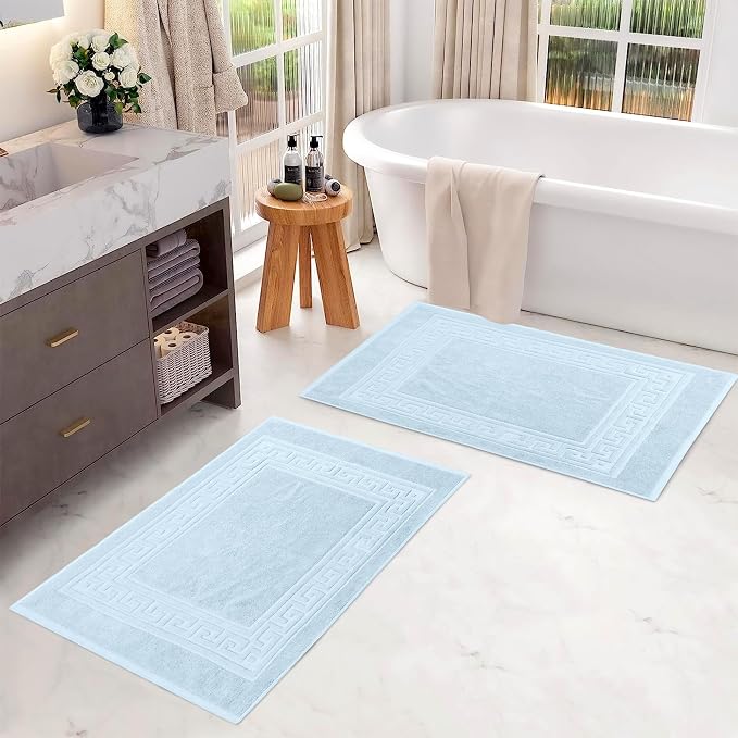 Superior Heavyweight Cotton Bath Mats, Bath Rugs For Bathroom Accessories, Washable Rug For Shower, Toilet, Modern Decor, No Backing, Luxury Hotel And Spa Quality, Set of 2, 22" x 35", Light Blue