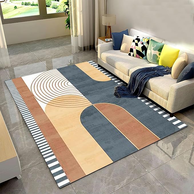 Vintage Modern Mid Century Area Rug, Abstract Geometric Irregular Stripes Non Slip Bedroom Rugs, Breathable Durable Carpet for Indoor Study Living Room Office Decor Rug - 5 ft x 7 ft