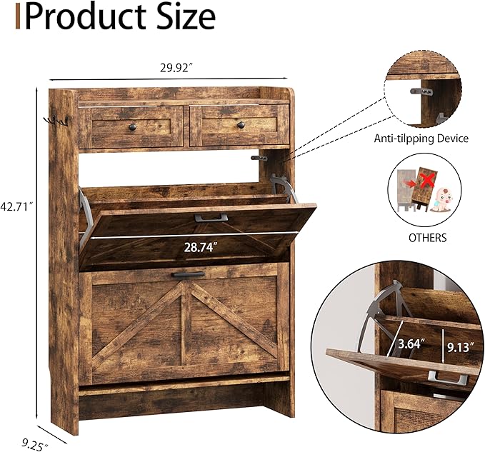 Shoe Cabinet with 2 Flip Drawers & 2 Top Drawers, 43" Tall Freestanding Narrow Wooden Shoe Storage Organizer for Entryway, Hidden Slim Shoe Rack for Front Door Entrance, Hallway, Living Room, Brown