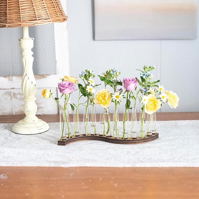 Test Tube Vases for Flowers，Small Plant Propagation Station，S Shape Plant Terrarium with Wooden Stand(Amber)