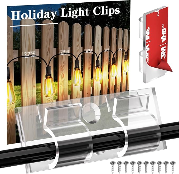 XHF 30PCS Clear Hooks for Outdoor String Lights Clips, Heavy Duty Adhesive wih Holes and Screws, for Hanging Christmas Lighting